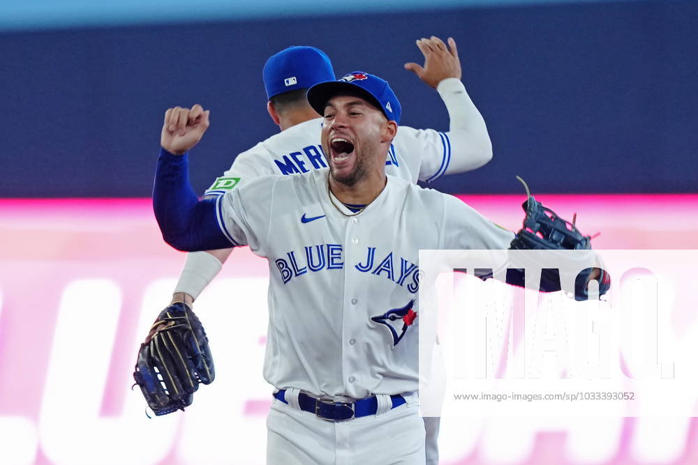 Toronto Blue Jays George Springer, front, and Whit Merrifield celebrate after defeating the Philadelphia Phillies in MLB, Baseball Herren, USA interleague baseball action in Toronto on Tuesday, August 15, 2023. Canada News - August 15, 2023 - ZUMAc35_ 20230815_zaf_c35_102