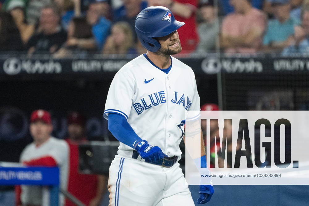 Toronto Blue Jays Nathan Lukes (38) reacts after being called out at home plate during eighth inning interleague MLB, Baseball Herren, USA baseball action against the Philadelphia Phillies in Toronto on Tuesday, August 15, 2023. Nathan Lukes - ZUMAc35_ 20230815_zaf_c35_110