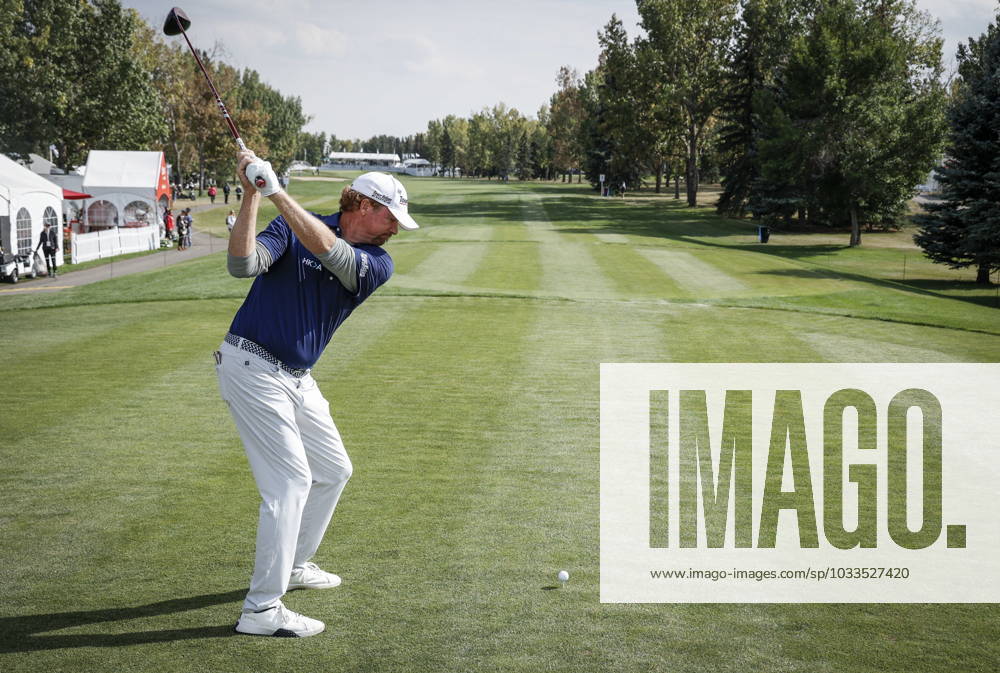 Tim Petrovic, of the United States, hits from the 17th tee during round two of the PGA, Golf Herren Tour Champions Shaw Charity Classic golf event in Calgary, Alta., Saturday, Aug. 19, 2023. Tim Petrovic - ZUMAc35_ 20230819_zaf_c35_057
