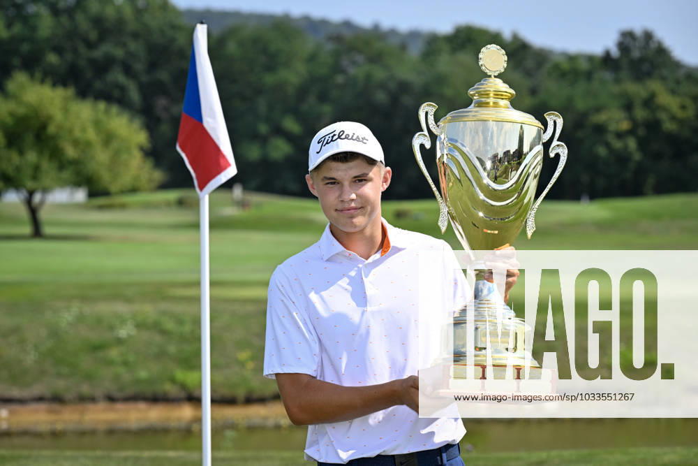 Bence Bertenyi of Hungary holds trophy after winning the men s Czech Open golf tournament, Czech PGA, Golf Herren Tour, Beroun, Czech Republic, August 20, 2023. (CTKxPhoto VitxSimanek) CTKPhotoP2023082004114 CTKPhotoP2023082004114