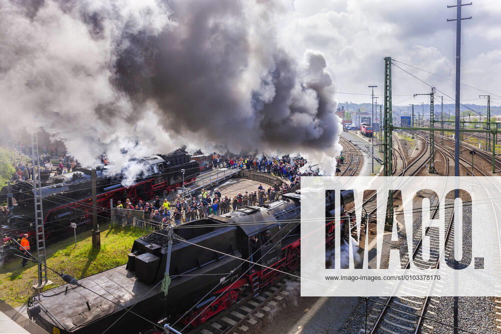 Dresdner Dampfloktreffen, 11. bis 13. April 2014, rund um das Bw Dresden-Altstadt, Es präsentieren sich zahlreiche Dampflokomotiven aus dem gesamten Bundesgebiet. Das Bahnbetriebswerk Dresden-Altstadt ist ein ehemaliges Bahnbetriebswerk in Dresden. Heute bestehen nur noch wenige Teile der ursprünglichen Anlagen. Dort befindet sich heute das Eisenbahnmuseum Dresden-Altstadt. Dresden Sachsen GERMANY