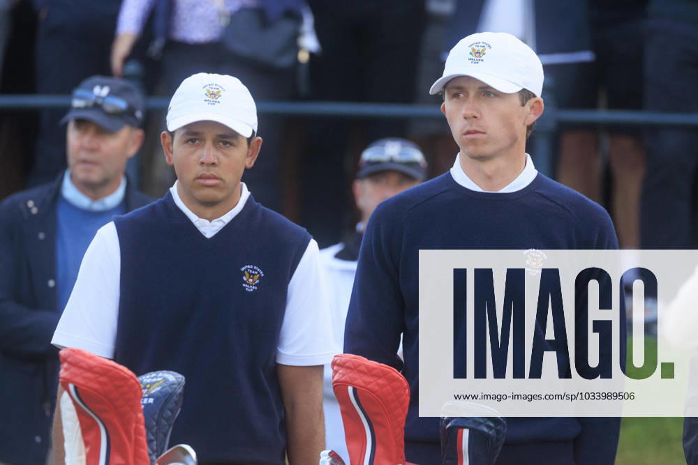 2nd September 2023; Old Course at St Andrews, St Andrews, Fife, Scotland; Walker Cup, Great Britain and Ireland versus USA, First Round; Dylan Menante and Gordon Sargent of the United States of America were out first in the foursomes matches ActionPlus12549232 DavidxYoung
