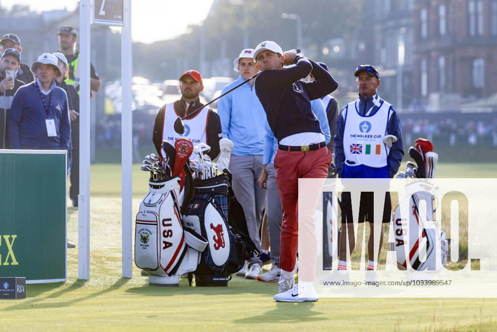 2nd September 2023; Old Course at St Andrews, St Andrews, Fife, Scotland; Walker Cup, Great Britain and Ireland versus USA, First Round; Gordon Sargent of the United States of America tees off on the second hole during the opening foursomes match ActionPlus12549239 DavidxYoung