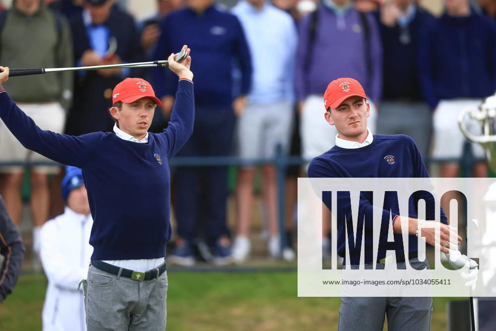 3rd September 2023; Old Course at St Andrews, St Andrews, Fife, Scotland; Walker Cup, Final Round; Gordon Sargent and Nick Dunlap of the United States of America warm up on the first tee on the Old Course, St Andrews, before a foursomes match ActionPlus12550328 DavidxYoung