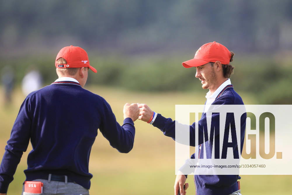 3rd September 2023; Old Course at St Andrews, St Andrews, Fife, Scotland; Walker Cup, Final Round; Preston Summerhays and Nick Gabrelcik of the United States of America celebrate after winning the fourth hole on the Old Course, St Andrews, during a foursomes match ActionPlus12550359 DavidxYoung