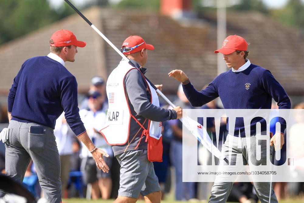 3rd September 2023; Old Course at St Andrews, St Andrews, Fife, Scotland; Walker Cup, Final Round; Gordon Sargent and Nick Dunlap of the United States of America celebrate after halving the 17th hole on the Old Course, St Andrews, to remain one up during a foursomes match against Connor Graham and Calum Scott of Great Britain and Ireland ActionPlus12550400 DavidxYoung