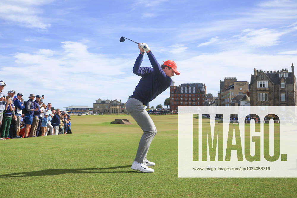 3rd September 2023; Old Course at St Andrews, St Andrews, Fife, Scotland; Walker Cup, Final Round; Gordon Sargent of the United States of America tees off on the eighteenth hole on the Old Course, St Andrews, during a foursomes match ActionPlus12550401 DavidxYoung