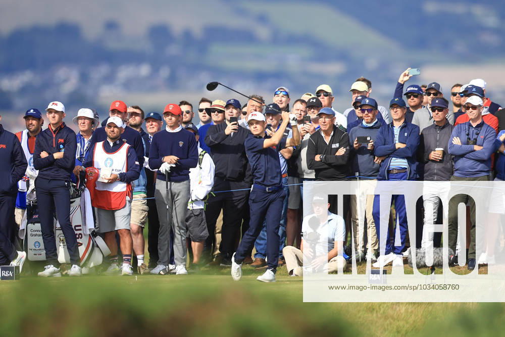 3rd September 2023; Old Course at St Andrews, St Andrews, Fife, Scotland; Walker Cup, Final Round; Connor Graham of Great Britain and Ireland tees off on the fourteenth hole on the Old Course, St Andrews, during a foursomes match ActionPlus12550385 DavidxYoung