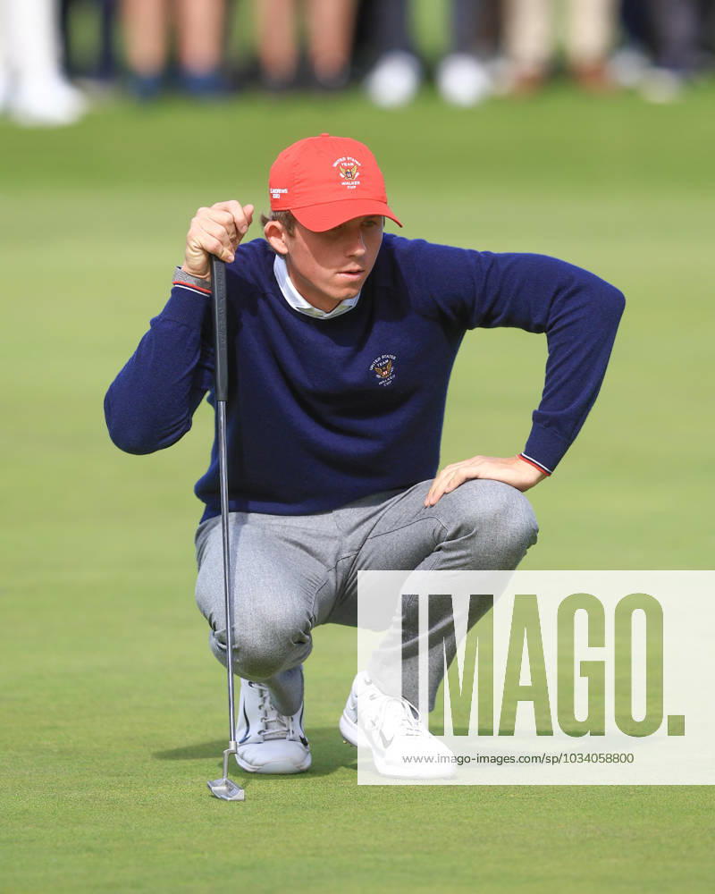 3rd September 2023; Old Course at St Andrews, St Andrews, Fife, Scotland; Walker Cup, Final Round; Gordon Sargent of the United States of America line sup a putt for the match on the 18th green on the Old Course, St Andrews, during a foursomes match ActionPlus12550404 DavidxYoung