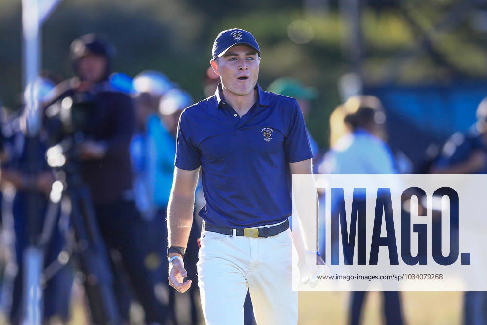 3rd September 2023; Old Course at St Andrews, St Andrews, Fife, Scotland; Walker Cup, Final Round; Austin Greaser of the United States of America celebrates on the 17th green as he gains the point that retained the Walker Cup for the United States of America ActionPlus12550612 DavidxYoung