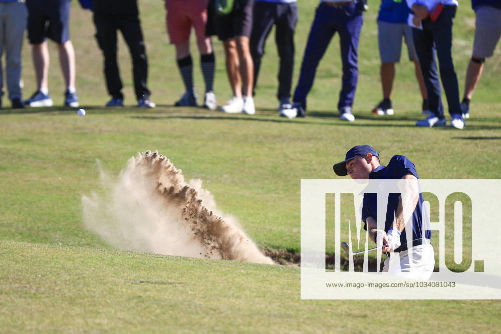 3rd September 2023; Old Course at St Andrews, St Andrews, Fife, Scotland; Walker Cup, Final Round; Austin Greaser of the United States of America plays from a bunker on the fifth hole on the Old Course, St Andrews, during his singles match ActionPlus12550622 DavidxYoung