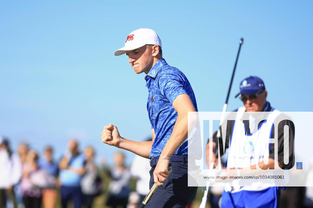 3rd September 2023; Old Course at St Andrews, St Andrews, Fife, Scotland; Walker Cup, Final Round; Calum Scott of Great Britain and Ireland celebrates after winning the 15th hole to keep his match alive ActionPlus12550625 DavidxYoung