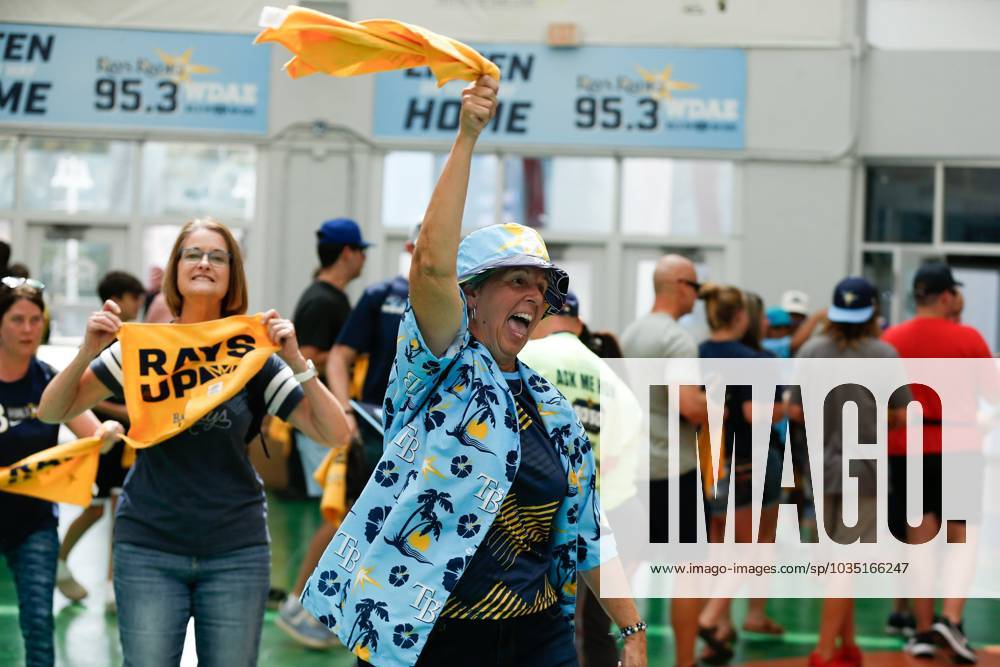 Jean Priest, 64, of Sarasota, twirls a rally towel and cheers ahead of a Rays game against the the Texas Rangers at Tropicana Field in St. Petersburg on Tuesday, Oct. 3, 2023. St. Petersburg USA - ZUMAs70_ 20231003_zan_s70_028