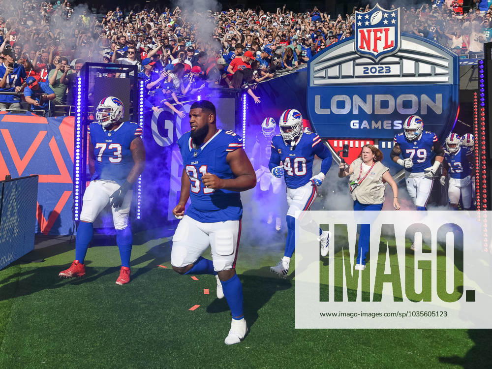 Dion Dawkins (Buffalo Bills 73), Ed Oliver (Buffalo Bills 91), Von Miller (Buffalo Bills 40), Spencer Brown (Buffalo Bills 79), Buffalo Bills vs. Jacksonville Jaguars, American Football, National Football League, Week 5, Saison 2023, 08.10.2023, Buffalo Bills vs. Jacksonville Jaguars, American Football, National Football League, Week 5, Saison 2023, 08.10.2023 London