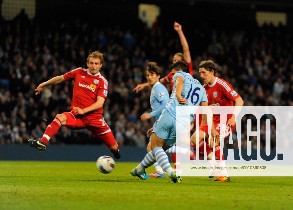 Sergio Aguero of Manchester City scores his second goal.Barclays Premier League match between Manchester City v WBA at the Etihad Stadium, Manchester on the 11th April 2012.. .