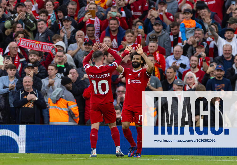 Football - FA Premier League - Liverpool FC v Nottingham Forest FC LIVERPOOL, ENGLAND - Sunday, October 29, 2023: Liverpool s Mohamed Salah celebrates after scoring the third goal during the FA Premier League match between Liverpool FC and Nottingham Forest FC at Anfield. (Photo by David Rawcliffe Propaganda) LIVERPOOL Anfield MERSEYSIDE ENGLAND