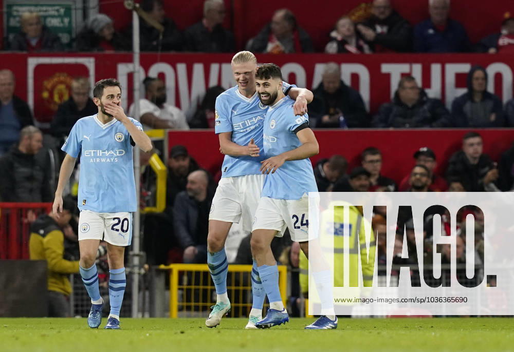 Manchester, England, 29th October 2023. Erling Haaland of Manchester City (c) celebrates scoring their second goal during the Premier League match at Old Trafford, Manchester. Picture credit should read: Andrew Yates Sportimage . SPI-2690-0048