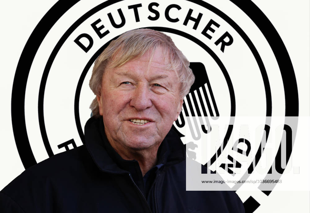 Deutschland 06. November 2023: Fussball, Herren, Saison 2023 2024, DFB, Bundestrainer Frauen ! Achtung Fotomontage ! Hier im Bild Horst Hrubesch, interims Bundestrainer Frauen Fussball, Nationalmannschaft, Kopf, Portrait, im Hintergrund das Logo, Wappen des DFB, Deutschen Fussball Bund, Symbolbild