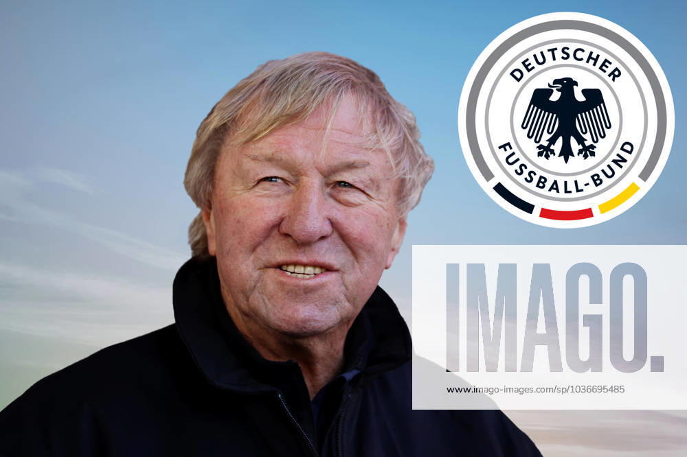 Deutschland 06. November 2023: Fussball, Herren, Saison 2023 2024, DFB, Bundestrainer Frauen ! Achtung Fotomontage ! Hier im Bild Horst Hrubesch, interims Bundestrainer Frauen Fussball, Nationalmannschaft, Kopf, Portrait, im Hintergrund das Logo, Wappen des DFB, Deutschen Fussball Bund, Symbolbild