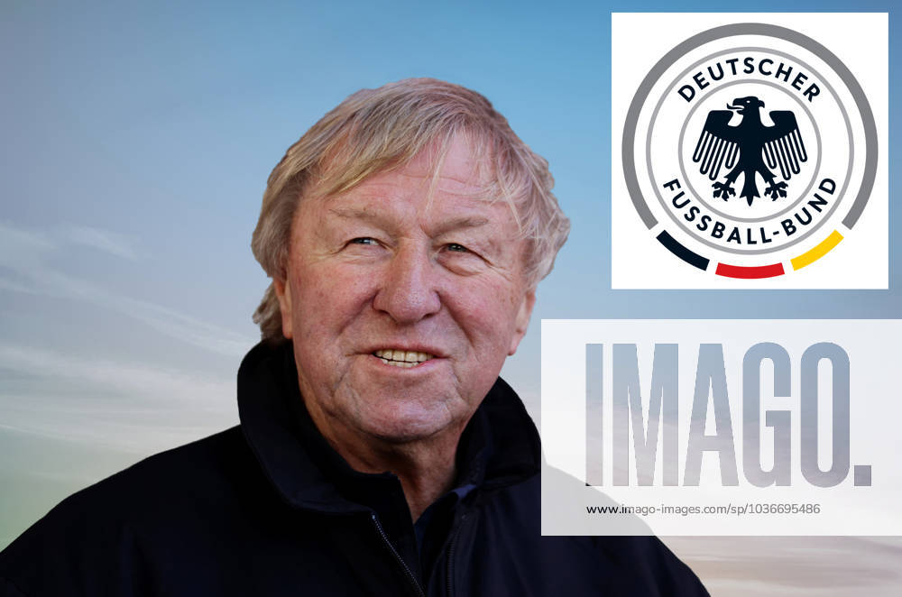 Deutschland 06. November 2023: Fussball, Herren, Saison 2023 2024, DFB, Bundestrainer Frauen ! Achtung Fotomontage ! Hier im Bild Horst Hrubesch, interims Bundestrainer Frauen Fussball, Nationalmannschaft, Kopf, Portrait, im Hintergrund das Logo, Wappen des DFB, Deutschen Fussball Bund, Symbolbild