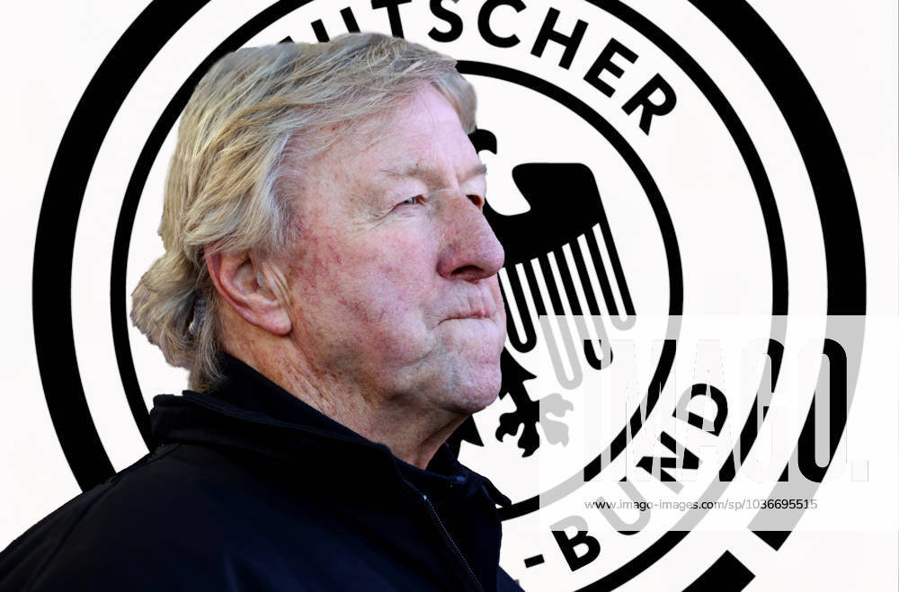 Deutschland 06. November 2023: Fussball, Herren, Saison 2023 2024, DFB, Bundestrainer Frauen ! Achtung Fotomontage ! Hier im Bild Horst Hrubesch, interims Bundestrainer Frauen Fussball, Nationalmannschaft, Kopf, Portrait, im Hintergrund das Logo, Wappen des DFB, Deutschen Fussball Bund, Symbolbild