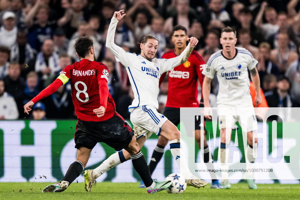Bruno Fernandes of Manchester United, ManU and Rasmus Falk of FC Copenhagen during the UEFA Champions League football match between FC Copenhagen and Manchester United on November 8, 2023 in Copenhagen. Photo: Petter Arvidson BILDBYRAN kod PA PA0685 fotboll football soccer fotball champions league fc copenhagen manchester united bbeng