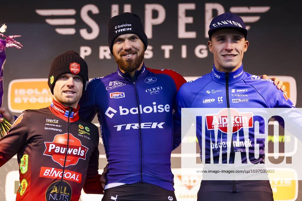 Belgian Eli Iserbyt, Dutch Joris Nieuwenhuis and Belgian Niels Vandeputte pictured on the podium after the men s race of the Aardbeiencross cyclocross event, fourth stage (4 8) of the Superprestige cyclocross cycling competition, Saturday 18 November 2023, in Merksplas. DAVIDxPINTENS x80288815x