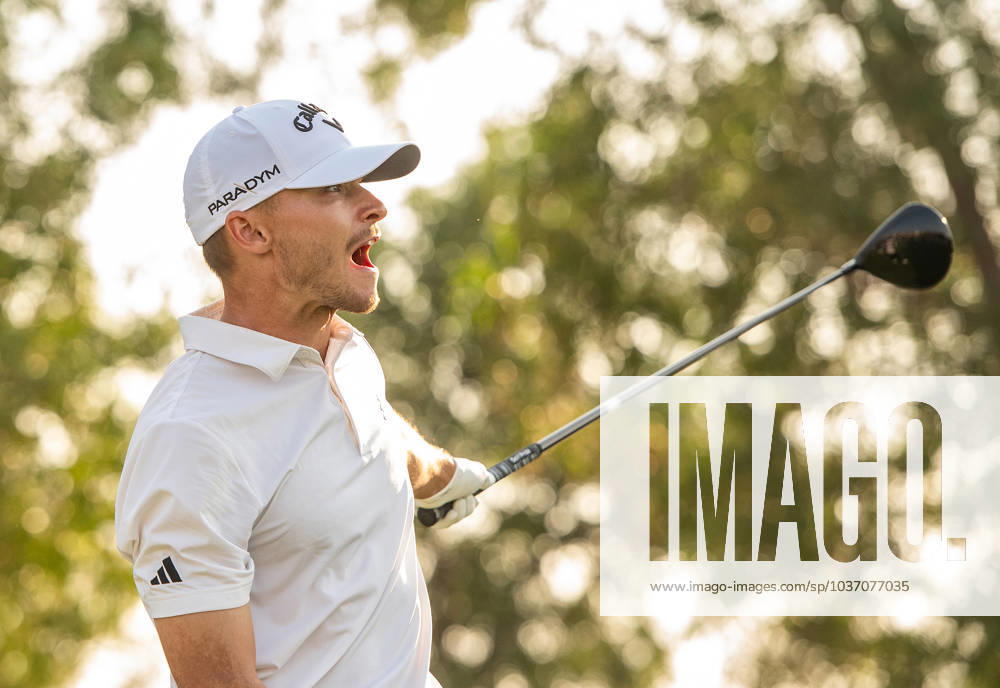 NICOLAI HoJGAARD of Denmark reacts after a tee-off at the 18th hole during DP World Tour Championship in Dubai, United Arab Emirates, Nov 19, 2023. Dubai United Arab Emirates