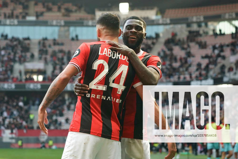 Joie - Gaëtan Laborde (OGC Nice) - Jà rà mie Boga (OGC Nice) FOOTBALL : OGC Nice vs Stade de Reims - Ligue 1 Uber Eats - Nice - 10 12 2023 NorbertScanella Panoramic