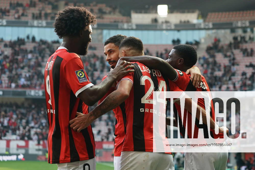 Joie - Gaëtan Laborde (OGC Nice) - Jà rà mie Boga (OGC Nice) - Jà rà mie Boga (OGC Nice) - Terem Moffi (OGC Nice) FOOTBALL : OGC Nice vs Stade de Reims - Ligue 1 Uber Eats - Nice - 10 12 2023 NorbertScanella Panoramic