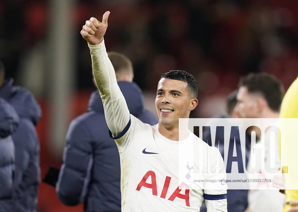 Nottingham, England, 15th December 2023. Pedro Porro of Tottenham thumbs up during the Premier League match at the City Ground, Nottingham. Picture credit should read: Andrew Yates Sportimage . SPI-2803-0040