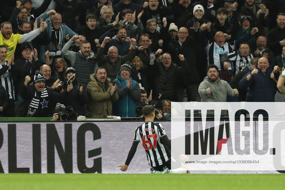 Newcastle United vs Fulham Premier League Lewis Miley of Newcastle United is celebrating after scoring, making it 1-0, during the Premier League match between Newcastle United and Fulham at St. James s Park in Newcastle, on December 16, 2023. Newcastle Tyne and Wear United Kingdom