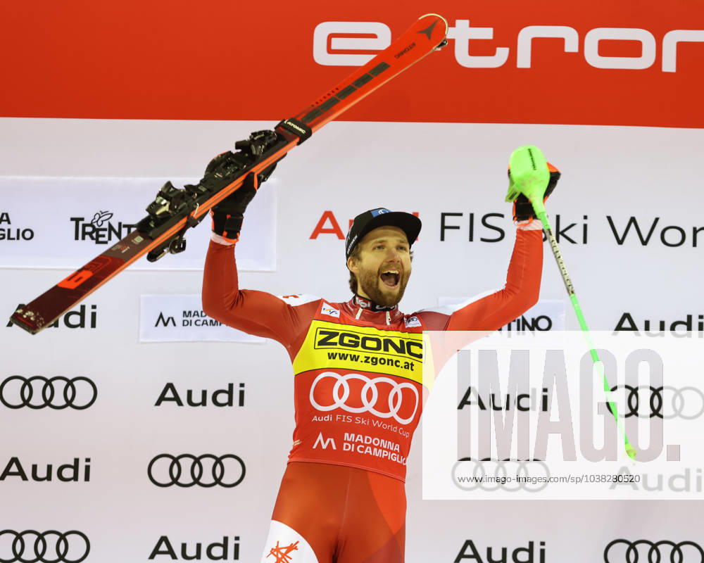 KW51 ALPINE SKIING - FIS WC Madonna di Campiglio MADONNA DI CAMPIGLIO,ITALY,22.DEC.23 - ALPINE SKIING - FIS World Cup, night slalom, men. Image shows the rejoicing of Marco Schwarz (AUT). GEPAxpictures xMathiasxMandl