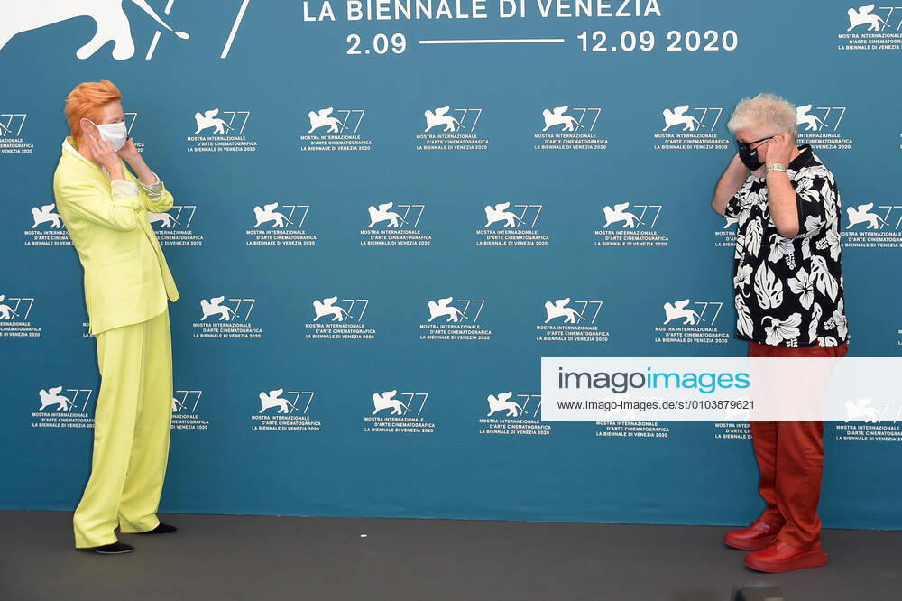 77th Venice Film Festival 2020, Photocall film The human voice. Pictured: Pedro Almodovar, Tilda Swinton