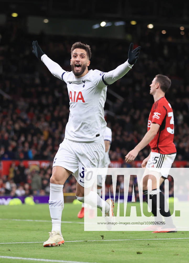 Manchester United, ManU v Tottenham Hotspur 14 January 2024 - Premier League - Manchester United v Tottenham Hotspur - Rodrigo Bentancur of Tottenham Hotspur celebrates after scoring the second equalising goal for his team (2-2) - Photo: Simon Stacpoole Offside. Manchester UK
