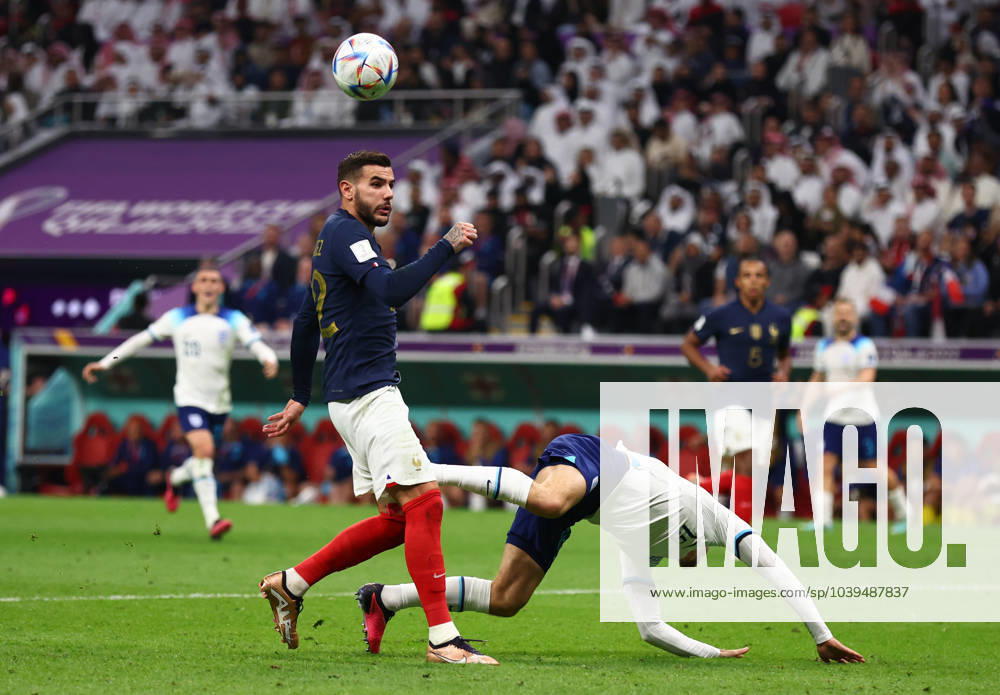 England v France - FIFA World Cup, WM, Weltmeisterschaft, Fussball 2022 - Quarter Final - Al Bayt Stadium December 10, 2022, Al Khor: Al Khor, Qatar, 10th December 2022. Theo Hernandez of France brings down Mason Mount to give away a penalty during the FIFA World Cup 2022 match at Al Bayt Stadium, Al Khor. Al Khor