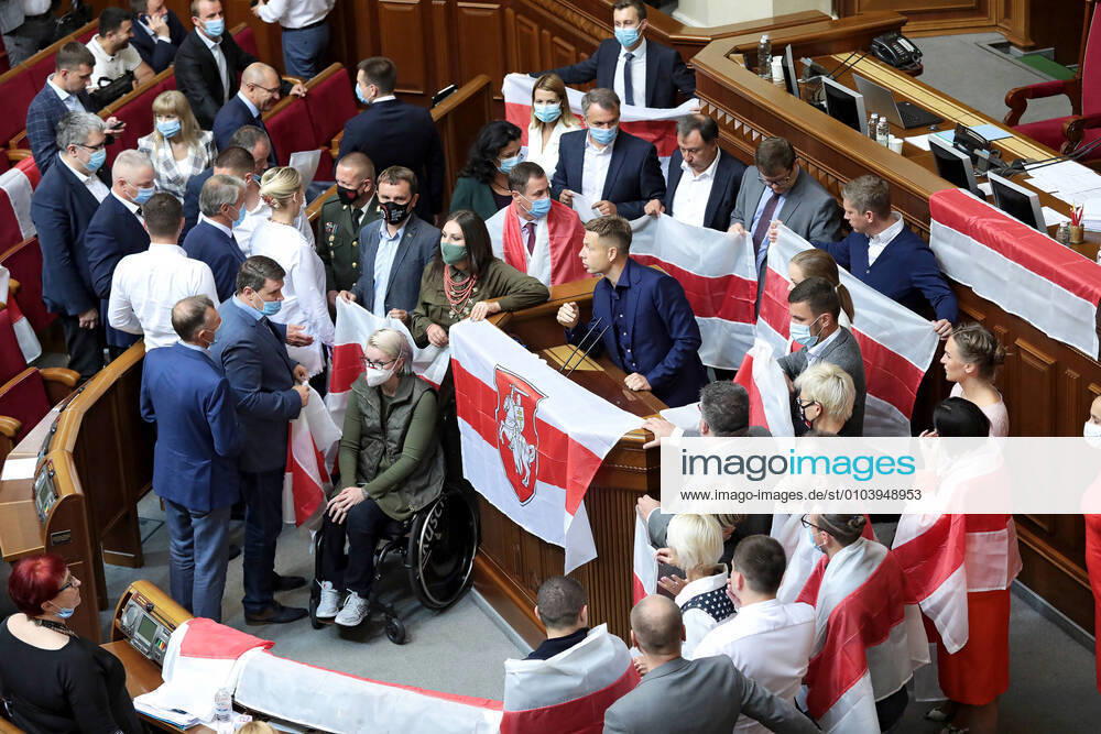 KYIV, UKRAINE - SEPTEMBER 4, 2020 - MPs hold historical white-red-white flags of Belarus at a regular sitting of the Verkhovna Rada, Kyiv, capital of Ukraine. Verkhovna Rada sitting on September 4, 2020