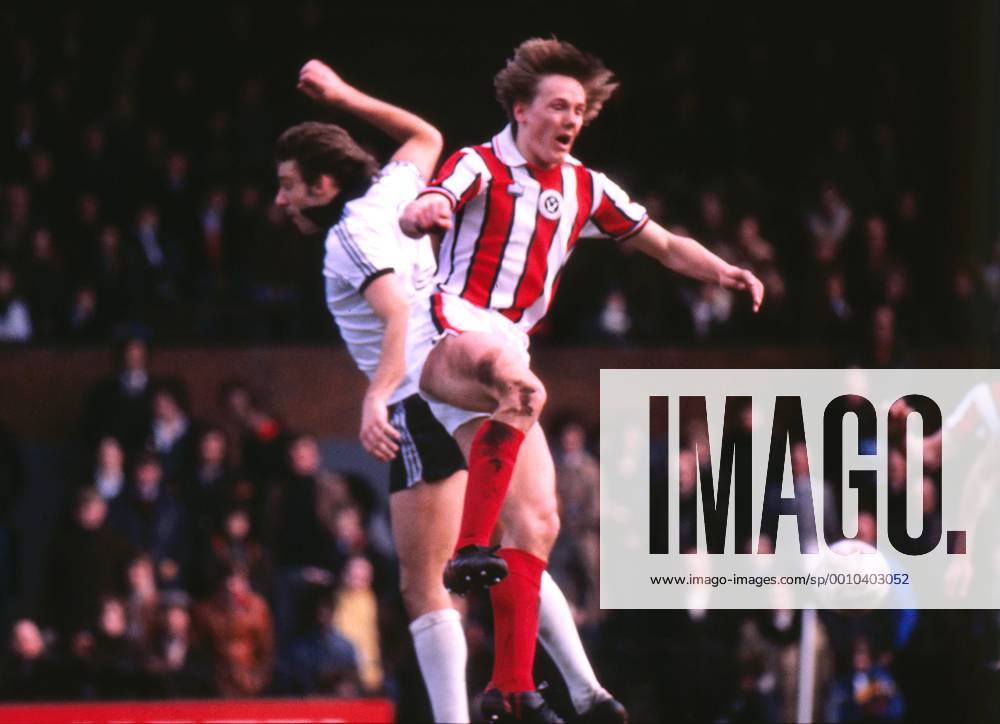 Football : Fulham FC v Sheffield United, 26 03 1977. Keith Edwards - Sheffield Utd. Ray Evans - Fulham