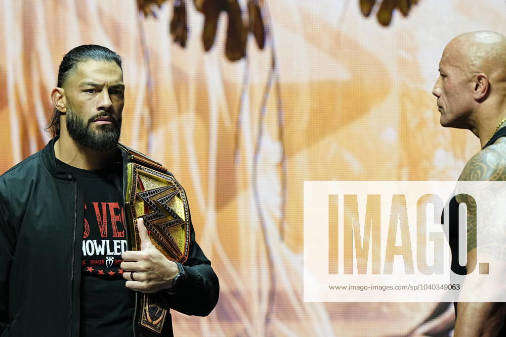 LAS VEGAS, NV - FEBRUARY 08: Dwayne The Rock Johnson and Roman Reigns during the WWE Wrestlemania XL Kickoff on February 08, 2024, at T-Mobile Arena in Las Vegas, NV. (Photo by Louis Grasse PXimages Icon Sportswire) WRESTLING: FEB 08 Wrestlemania XL Kickoff Icon2402087317