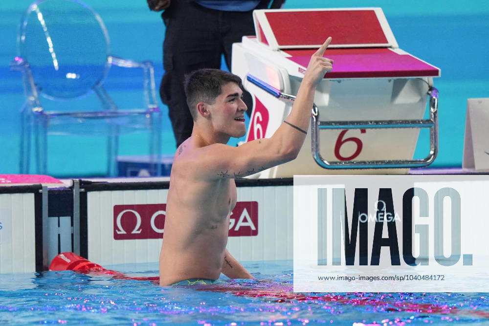 (240213) -- DOHA, Feb. 13, 2024 -- Diogo Matos Rebeiro of Portugal celebrates after the men s 50m butterfly final of swimming event at the World Aquatics Championships 2024 in Doha, Qatar, Feb. 12, 2024. ) (SP)QATAR-DOHA-SWIMMING-WORLD AQUATICS CHAMPIONSHIPS-MEN S 50M BUTTERFLY XuexYuge