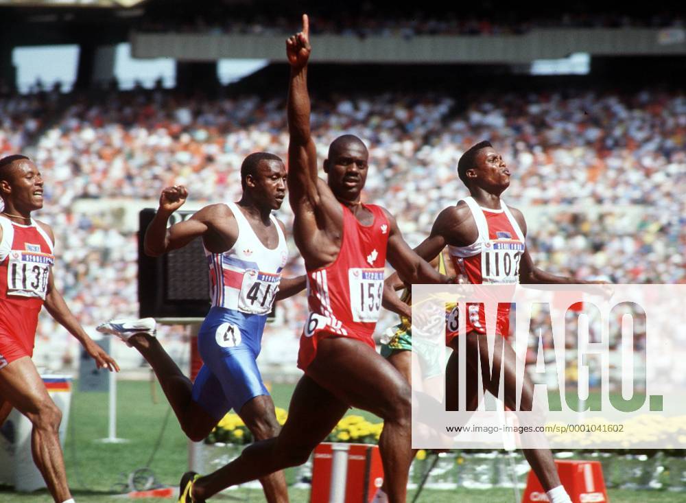 Ben Johnson (Kanada, vorn) siegt vor Carl Lewis (USA, re.) und Linford Christie (Großbritannien, Mitte) Leichtathletik OS Sommer Herren Olympische Sommerspiele 1988, Olympia, Olympiade, Spiele Gruppe Seoul Dynamik, Freude,