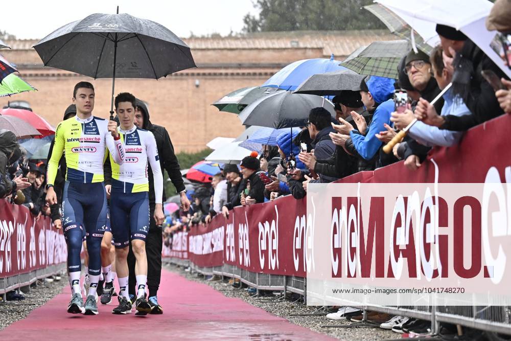 Intermarche-Wanty riders pictured during the team presentations ahead of the Strade Bianche one day cycling race from and to Siena, Italy, Friday 01 March 2024. DIRKxWAEM x87730317x