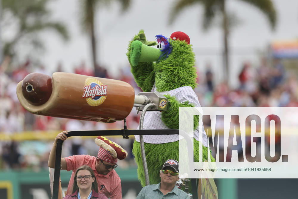 Philadelphia Phillies mascot Phillie Phanatic shoots t-shirts to the fans during an MLB, Baseball Herren, USA spring training game against the Minnesota Twins on March 2, 2024 at BayCare Ballpark. The Phillies beat the Twins 3-2. Clearwater USA - ZUMAh180 20240302_zsp_h180_040