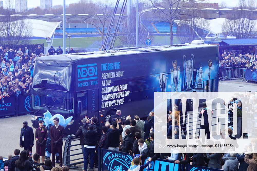 Manchester City v Manchester United, ManU - Premier League MANCHESTER, ENGLAND - MARCH 3: The Manchester City team bus arrives for the Premier League match between Manchester City and Manchester United at Etihad Stadium on March 3, 2024 in Manchester, England. (Photo by Simon Stacpoole Offside Offside via Getty Images) Manchester England United Kingdom