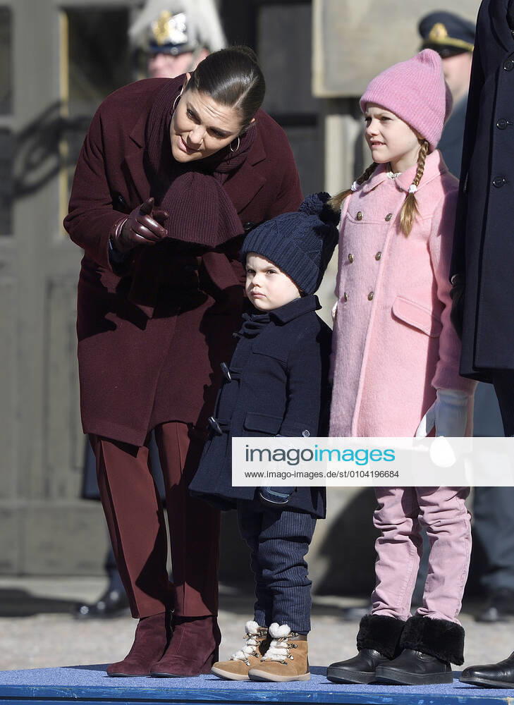 Crown Princess Victoria, Prince Oscar, Princess Estelle Crown Princess Victorias name day celebration in the inner courtyard of Stockholm Castle 2019 03 12 c Karin Törnblom TT Stockholm Sweden Royal Palace Sweden