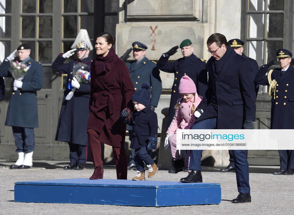 Crown Princess Victoria, Prince Oscar, Princess Estelle, Prince Daniel Crown Princess Victorias name day celebration in the inner courtyard of Stockholm Castle 2019 03 12 c Karin Törnblom TT Stockholm Sweden Royal Palace Sweden