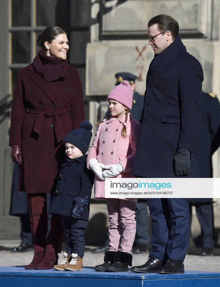 Crown Princess Victoria, Prince Oscar, Princess Estelle, Prince Daniel Crown Princess Victorias name day celebration in the inner courtyard of Stockholm Castle 2019 03 12 c Karin Törnblom TT Stockholm Sweden Royal Palace Sweden