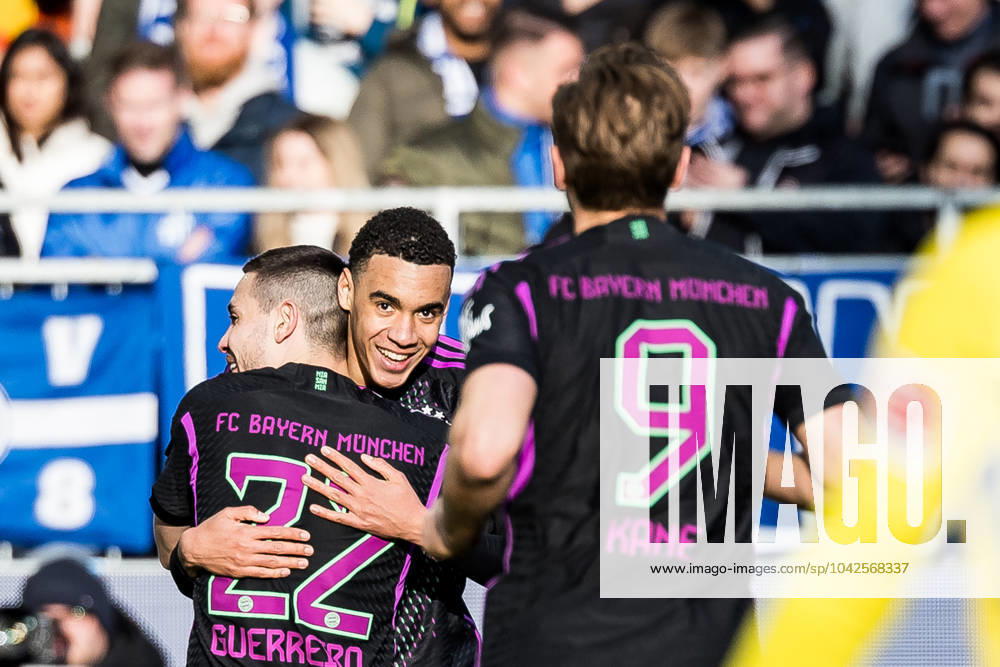 1. Fußball Bundesliga: SV Darmstadt 98 - FC Bayern München; 16.03.2024 Jubel zum 1:3 durch Jamal Musiala (FC Bayern München, 42) 1. Fußball Bundesliga: SV Darmstadt 98 - FC Bayern München, Darmstadt, Merck Stadion am Böllenfalltor am 16.03.2024 DFL REGULATIONS PROHIBIT ANY USE OF PHOTOGRAPHS AS IMAGE SEQUENCES AND OR QUASI-VIDEO.