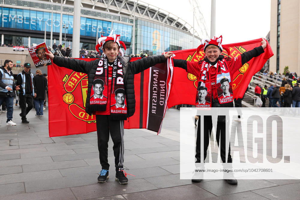 Brighton and Hove Albion v Manchester United, ManU - The FA Cup - Semi-Final - Wembley Stadium April 23, 2023, London: London, England, 23rd April 2023. Young Manchester United supporters outside the ground before the The FA Cup match at Wembley Stadium, London. (Credit Image: Â Kieran Cleeves Sportimage Cal Media) London
