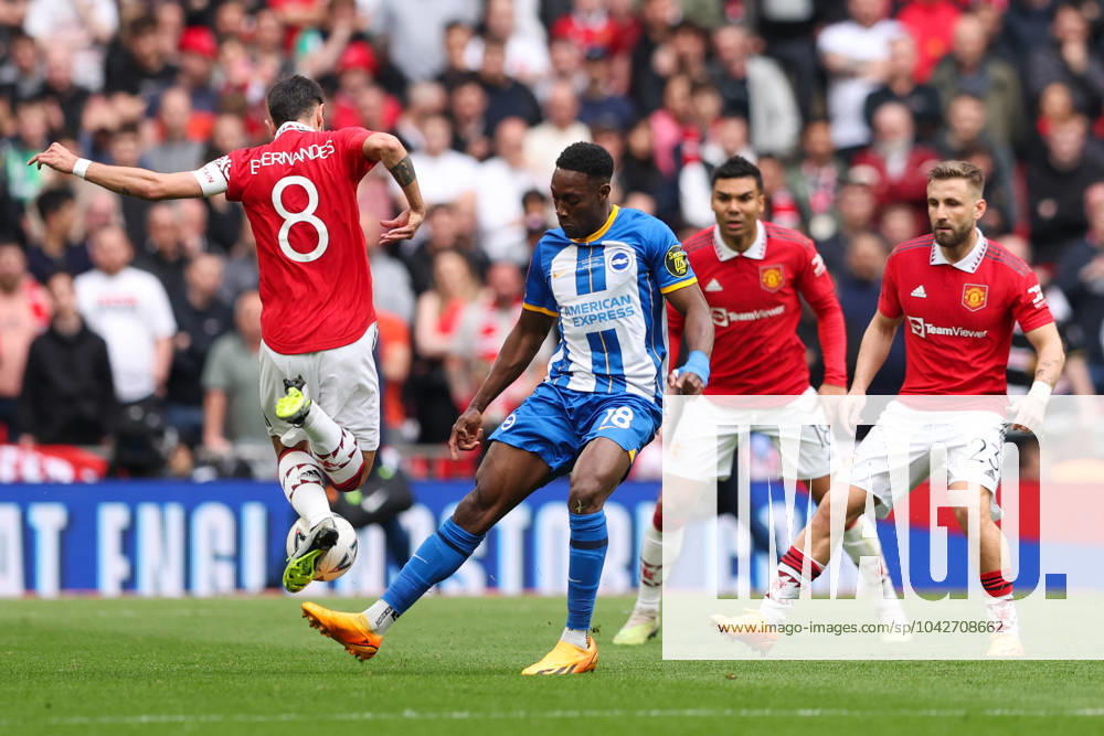Brighton and Hove Albion v Manchester United, ManU - The FA Cup - Semi-Final - Wembley Stadium April 23, 2023, London: London, England, 23rd April 2023. Bruno Fernandes of Manchester United (left) and Danny Welbeck of Brighton and Hove Albion (right) battle for the ball during the The FA Cup match at Wembley Stadium, London. London